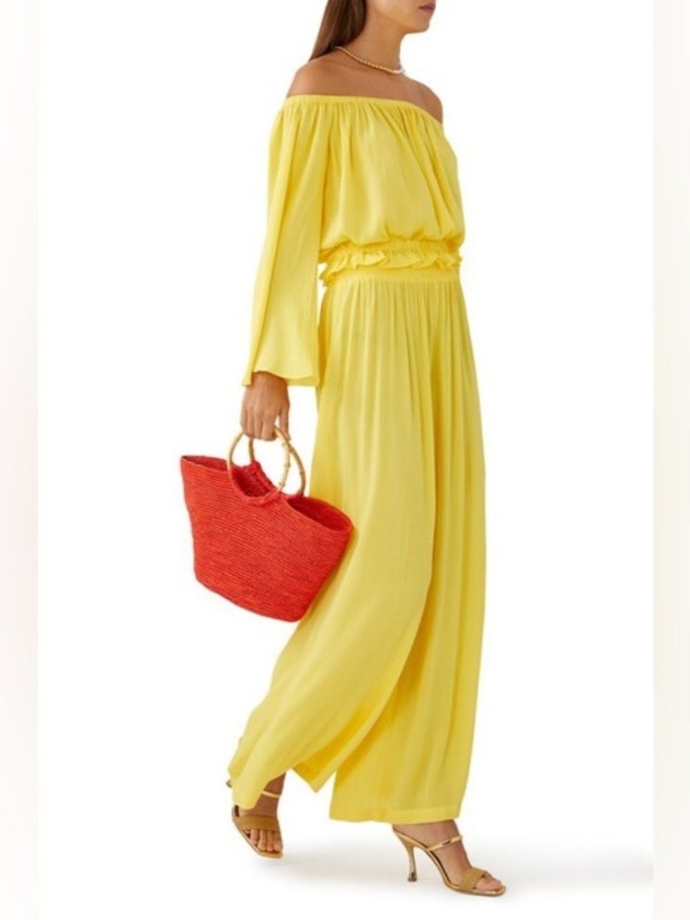 Yellow Off-Shoulder Wide Leg Pants And Top (Set)